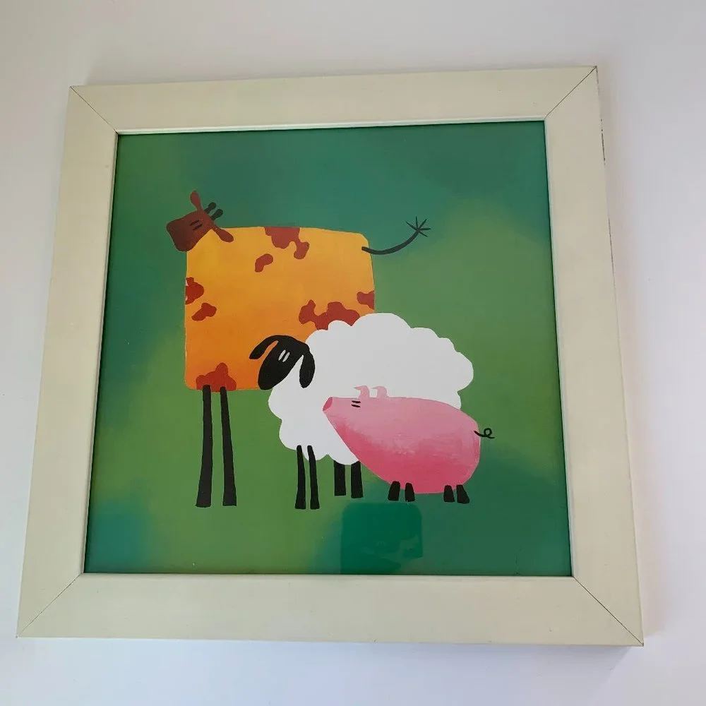 Ikea Smarr Farm Animals Print Hanging Picture White Frame Cow Sheep Pig Wall Art